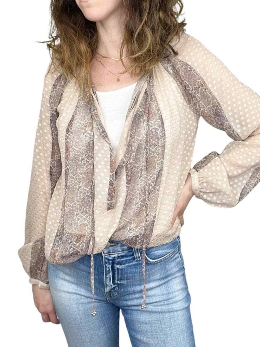 L'Agence Pearl Peasant Silk Blouse in Beige Metallic, Oversized Fit, Beautiful
